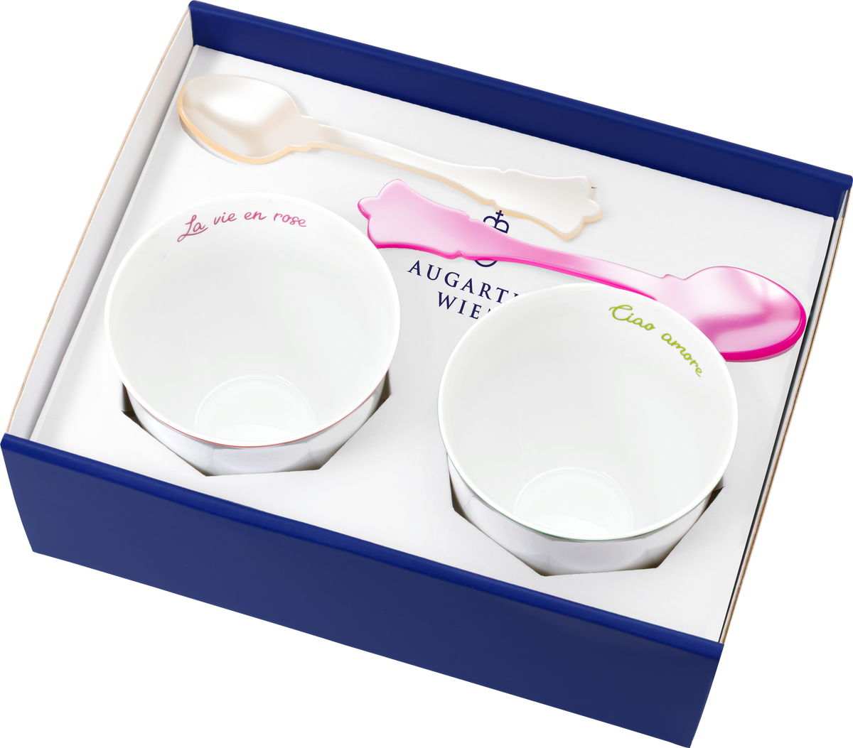 Geschenkset Moments of Joy – Augarten Porzellan Becher & zwei bunte Löffel