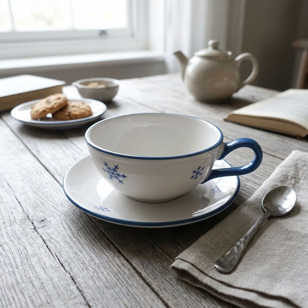Dekor_Schneekristall_Teetasse_mit_Untertasse_Gmundner_Keramik